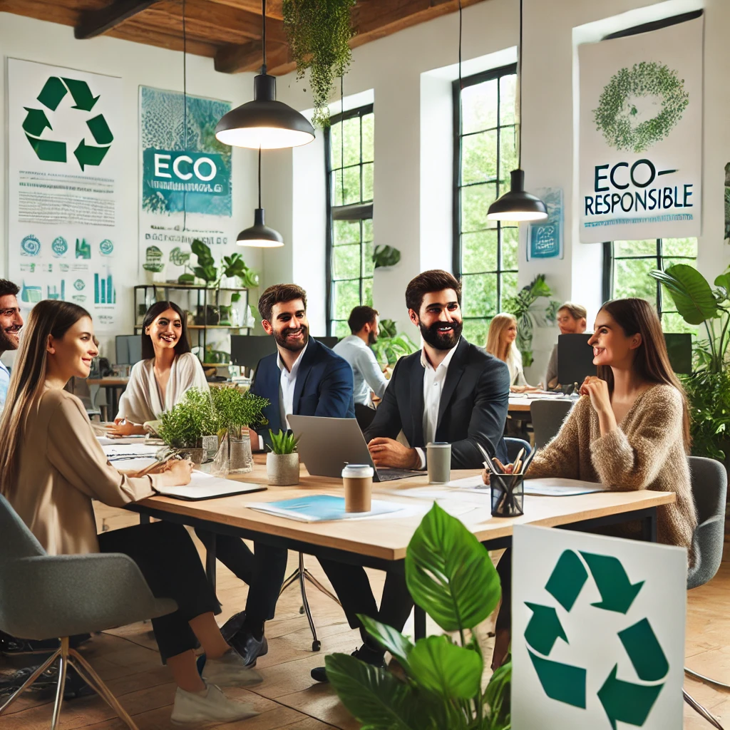 Cette image montre des employés engagés dans une discussion constructive, dans un environnement de travail moderne avec des éléments écoresponsables comme des plantes vertes et des affiches sur les initiatives écologiques.